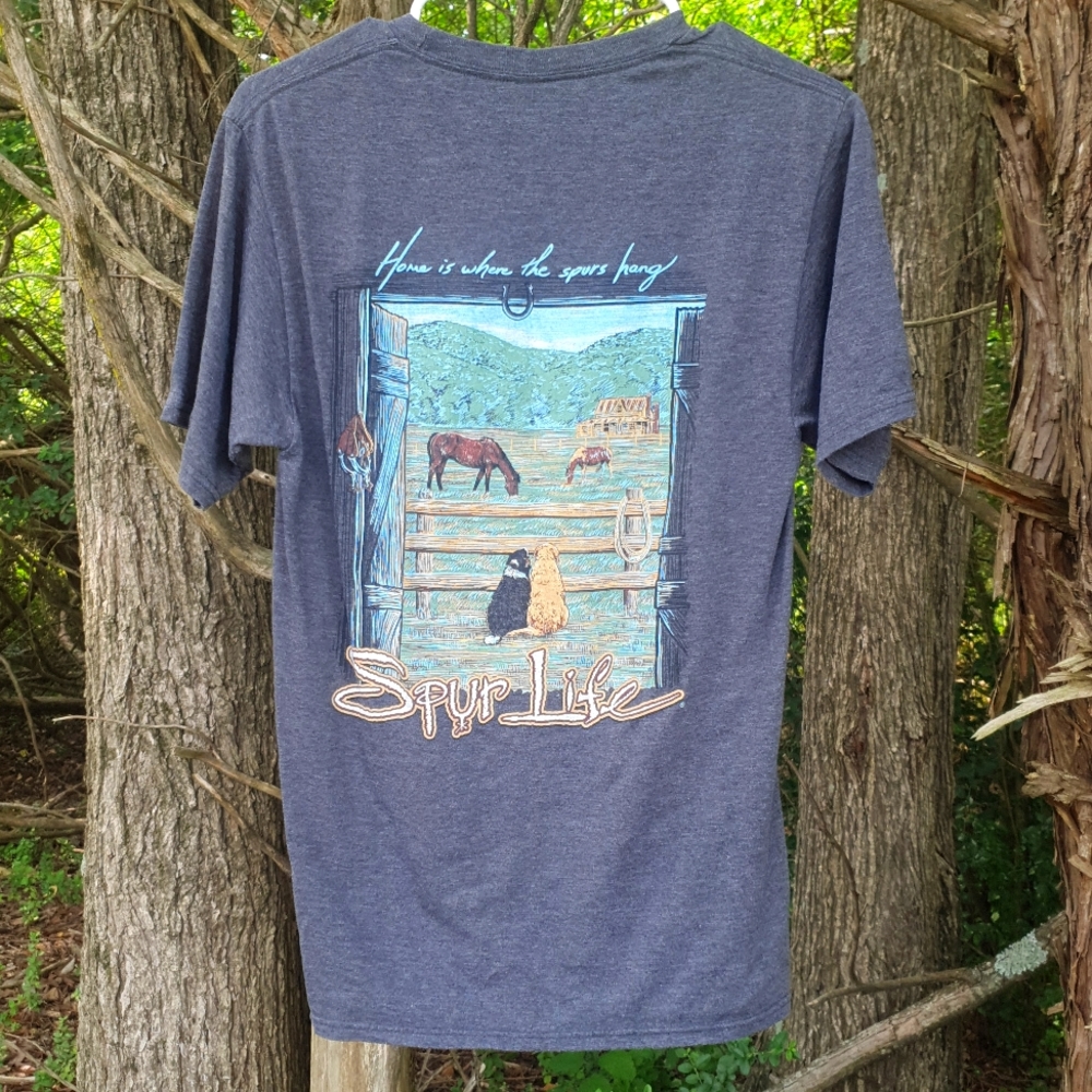 Spur Life Western Graphic Tee w/ Horses & Dogs "Home is where the spurs hang"